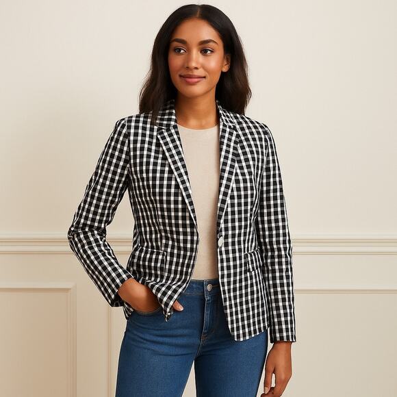 1901 Women’s Size 0 Black White Gingham Check Single Button Cotton Blazer - Picture 1 of 15